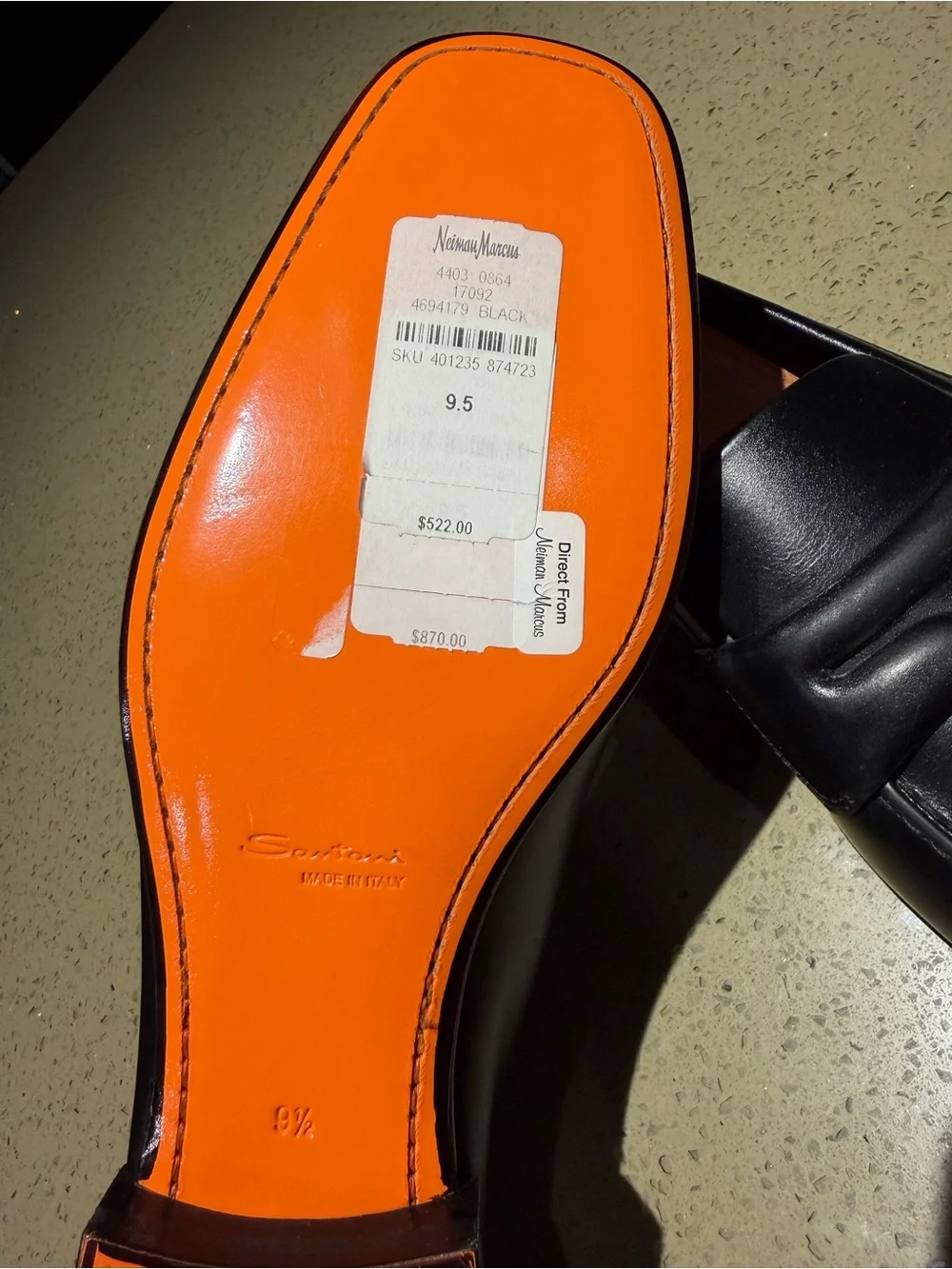Santoni Men’s Black Leather Loafers Made in Italy Orange Leather Lining /sole